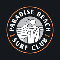 Wall Mural - Vector surfing badge with surfboards and beach view illustrations. For t-shirt prints and other uses.