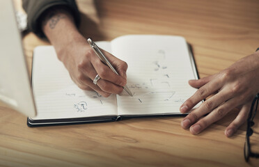 Poster - Take not of how the pro does it. Shot of an unrecognisable businessman writing in a notebook during a late night at work.