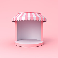Aufkleber - Blank cylinder exhibition booth store facade or blank display shop stand with pink striped awning isolated on pink pastel color background minimal conceptual 3D rendering