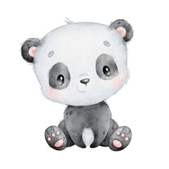 Wall Mural - Watercolor illustration of a cartoon panda. Cute animals.