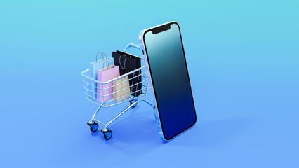 Poster - Shopping bags, shopping cart, and smartphone on blue background for shopping online concept design. E-commerce design. 3d rendering for advertising design.