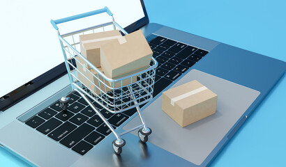 Poster - Realistic laptop and boxes in shopping cart isolated on blue background. Online shopping business concept. 3d rendering.