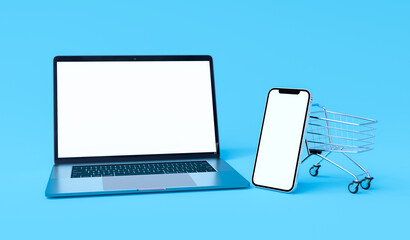 Poster - Laptop, smartphone and shopping cart in 3D rendered illustration on blue background in minimal style for mockup and responsive website. Global online business concept. 3D rendering.