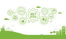 Net Zero And Carbon Neutral Concept. Net Zero Greenhouse Gas Emissions Target. Climate Neutral Long Term Strategy With Green Net Zero Icon And Green Icon On Green Background.