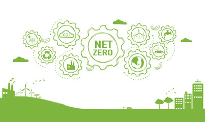 Wall Mural - Net zero and carbon neutral concept. Net zero greenhouse gas emissions target. Climate neutral long term strategy with green net zero icon and green icon on green background.