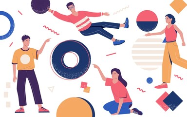 Aufkleber - Abstract background with people and shapes. People organizing geometric figure. Circles and squares. Men and women working together. Brainstorm organization. Vector teamwork concept