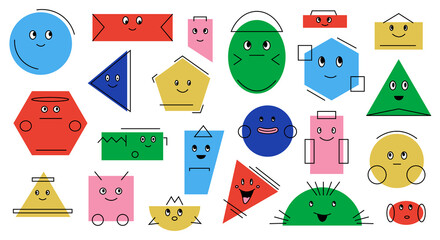 Poster - Geometric shapes with faces. Cartoon abstract minimal figures with mascot smiles. Various emotion expressions. Bright childish circles. Sad squares and triangles. Vector basic forms set