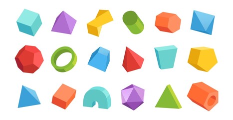 Poster - Cartoon geometric figures. 3D abstract shapes. Cylinder and pyramid. Minimal parallelepiped. Triangular and hexagonal prisms. Math and geometry. Vector colorful polygonal forms set