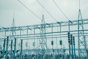 Electrical power station transmission and distribution system in monochrome color tone. Energy, electric technology concept.