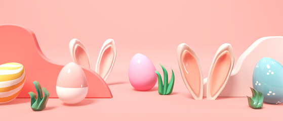 Sticker - Easter holiday theme with decorations and rabbit ears - 3d render