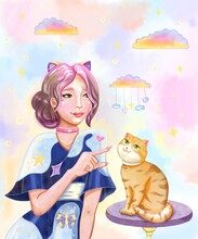Watercolor Illustration. Beautiful Fantasy Print. Cute Asian Girl With Red Cat. Beautiful Sky With Pink Clouds.  Print For T-shirts, Notebooks, Covers, Bags, Mugs, Postcards, Textiles.
