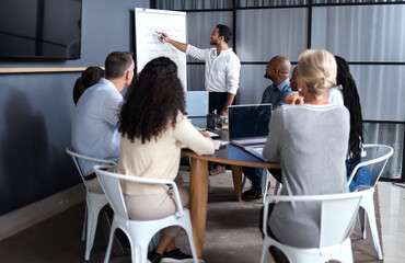 Poster - hes got everyones attention. shot of a group of businesspeople in a meeting at work.