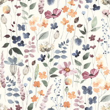 Watercolor Floral Seamless Pattern In Vintage Rustic Style, Colored Garden Illustration On Ivory Background, Hand Painting Print With Abstract Flowers, Leaves And Plants, Design Texture.
