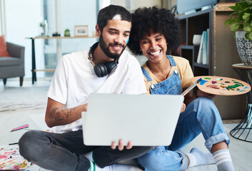Poster - The internet is full of fun activities for couples. Shot of a young couple using a laptop while painting at home.
