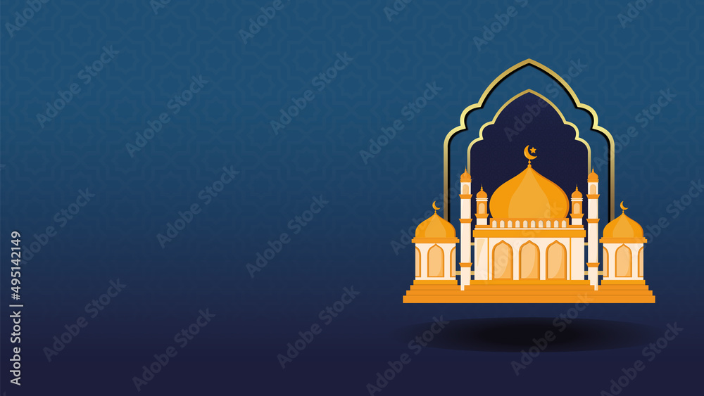 Blue Islamic Background Banner Template with Cartoon Animated Mosque ...