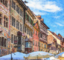 Colorful Painting Modern Artistic Artwork, Drawing In Oil European Famous Street View, Beautiful Old Vintage House, Textured Brush Strokes, Design Print For Canvas Or Paper Poster, Touristic Product