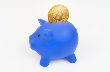 On a white surface, a blue piggy bank - a pig and bitcoin.