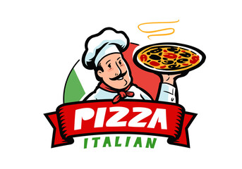 Wall Mural - Cartoon chef character with pizza. Italian food restaurant, restaurant emblem vector illustration