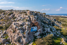 Christian Orthodox Cave Church. Agioi Saranta Holy Chapel Protaras Cyprus From Drone View