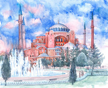 The Ancient Historical Hagia Sophia In Istanbul In Turkey On A Cloudy Day Is Drawn In Watercolor. Hagia Sophia Is A Pearl Of World Culture And Architecture.