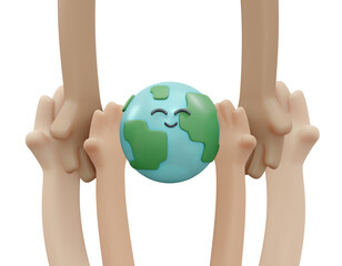 3d rendering of hand holding happy smiley earth icon concept of world environment day background, ba