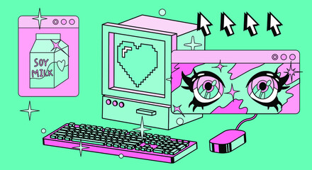 Poster - Restro the 90's like style collage with user interface elements and cartoon anime illustrations.