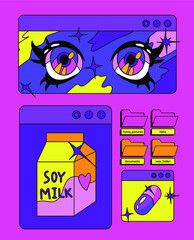 Poster - Restro the 90's like style collage with user interface elements and cartoon anime illustrations.