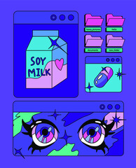 Poster - Restro the 90's like style collage with user interface elements and cartoon anime illustrations.