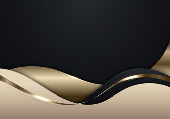 Wall Mural - Elegant 3D abstract background golden wave shape with gold ribbon lines on black background
