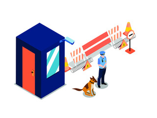 Security vector concept. Security man working with dog while standing in the security post