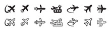 Airplane Icon Set. Plane Symbol In Black Outline Design.
