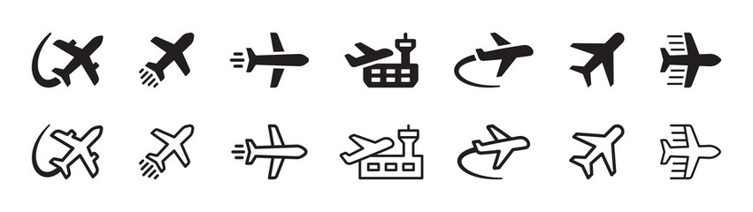Poster - Airplane icon set. Plane symbol in black outline design.
