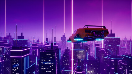 Futuristic transport vehicle with metaverse city. 3d render