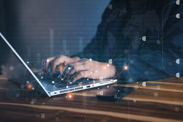 Poster - Technology Database Access for Business Financial Security. Businesswoman Analyzing Information Code on Laptop With Virtual Interface Network System. Security Cyber Management for Global Business