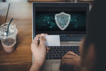 Poster - Personal Data Access and Technology Firewall Security for Business Financial.  Businesswoman Using Laptop and Credit Card While Accessing Private Data on Security Network System. Business Finance