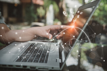 Poster - Businesswoman Finger Hand Pointing on Laptop Monitor While Access Information Banking Connecting With Virtual Screen for Money Exchange. Technology Internet Network Connection for Business Financial