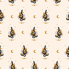 Wall Mural - seamless pattern with boho magic snake and moon. mystical symbol in a trendy minimalist style. esote