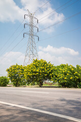 High voltage pole power transmission tower with clear sky sunny day background. Green energy, environmental conservation concept.