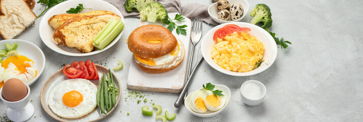 Various ways of cooking chicken eggs on light background.