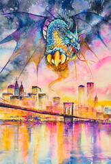 Dragon, fantasy animal flying over city. Hand painted illustration made with watercolors.