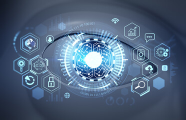 Poster - Robot eye and brain icon, binary with circuit digital hologram