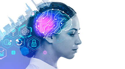 Poster - Businesswoman profile with brain hologram, cityscape. Mockup