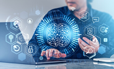 Poster - Office man with laptop and phone, digital hologram with icons and brain