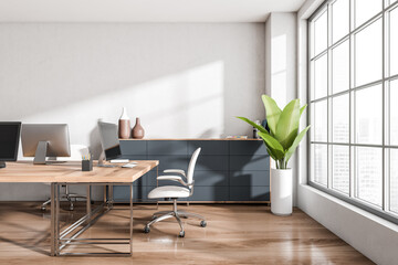 Poster - Workplace interior with chairs and computer on table, window. Mockup