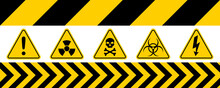 Set With Danger Signs. Triangle And Ribbon Warning Label. Hazard Marks.