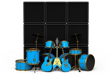 Wall Mural - Set of realistic drums with metal cymbals, amplifier and acoustic guitars