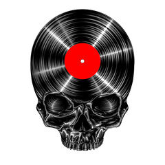 Autocollant - Death music album - 3D illustration of skull shaped vinyl record isolated on white studio background