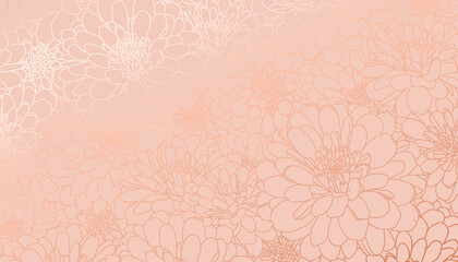 Metallic foiled chrysanthemum flowers in hand drawn line art on calm coral background. Luxurious art deco wallpaper design for print, poster, cover, banner, fabric, invitation.