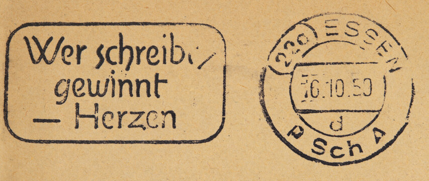 briefmarke stamp vintage retro alt old gebraucht used frankiert cancel papier paper slogan werbung wer schreibt gewinnt herzen hearts liebe essen 1950 oktober post letter mail brief frankierung