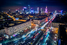 Constitution Square (PL: Plac Konstytucji) - A View Of The Center Of Night Warsaw With Skyscrapers In The Background - The Lights Of The Big City By Night, Poland, EU